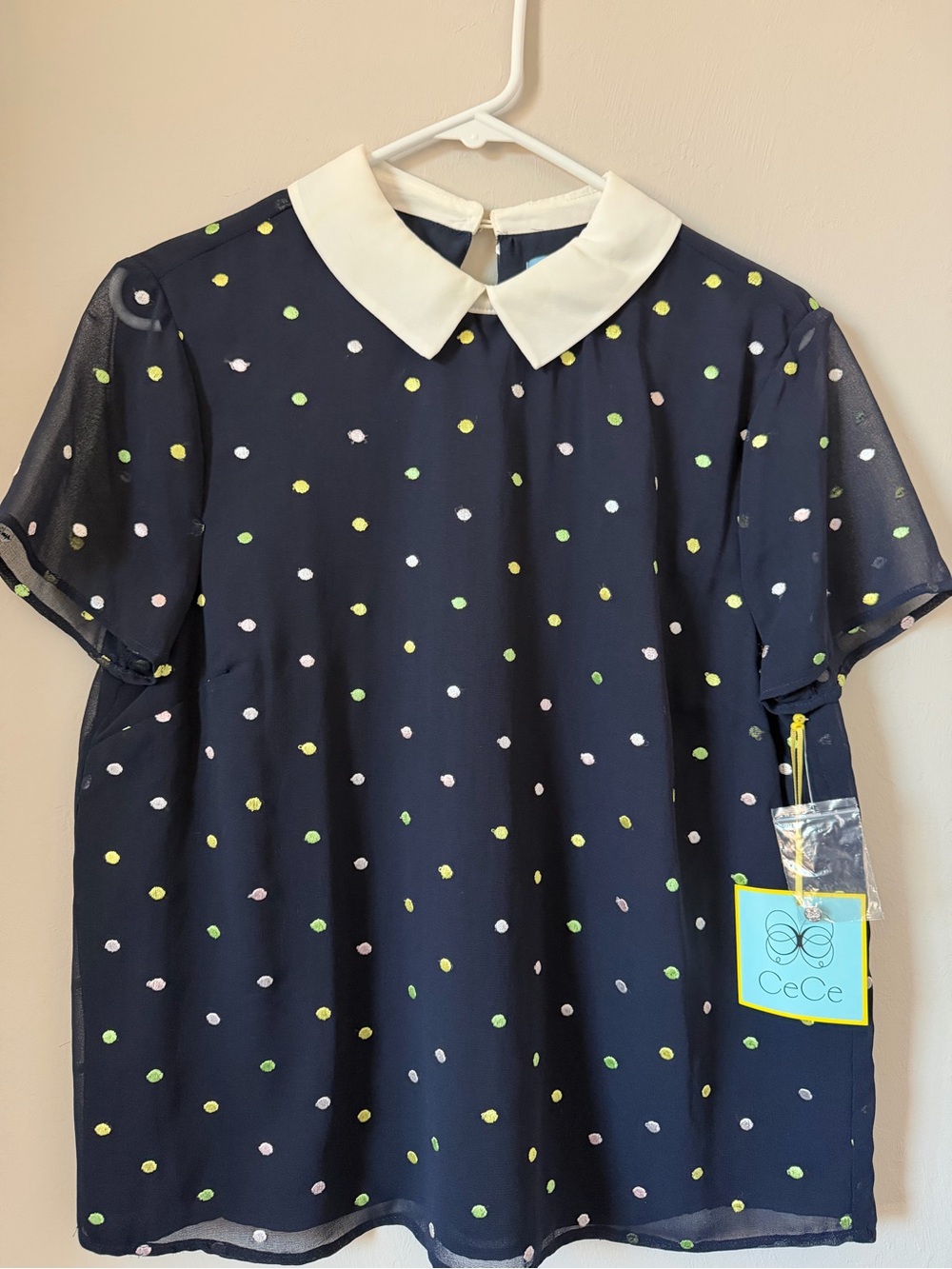 CeCe Women’s Navy Polka Dot Peter Pan Collar Top